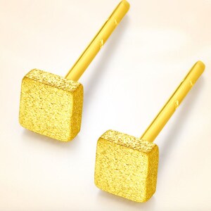 24k 99.9% 999 Solid Gold Mini Stud cube square Earring Dainty Charm Minimal Style Simple line threader D image 3