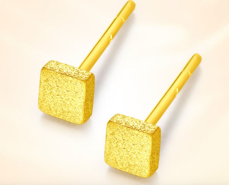 24k 99.9% 999 Solid Gold Mini Stud cube square Earring Dainty Charm Minimal Style Simple line threader D image 3