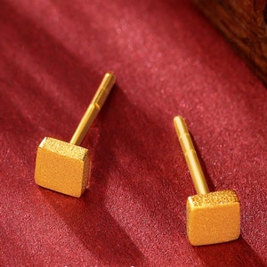 24k 99.9% 999 Solid Gold Mini Stud cube square Earring Dainty Charm Minimal Style Simple line threader D image 1
