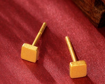 24k 99.9% 999 Solid Gold Mini Stud cube square Earring Dainty Charm Minimal Style Simple line threader D