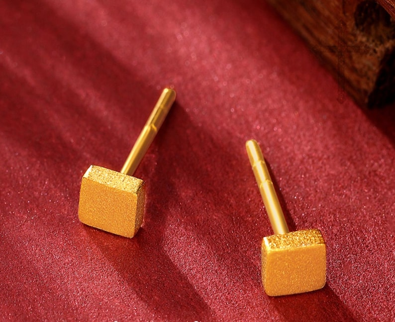 24k 99.9% 999 Solid Gold Mini Stud cube square Earring Dainty Charm Minimal Style Simple line threader D image 1