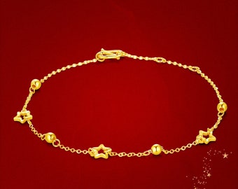 24k Full Solid Yellow Gold Chain Dainty Star Beads Bracelet Charm Minimal Minimalist Simple bridesmaid bride wedding gift lucky D