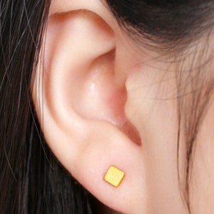 24k 99.9% 999 Solid Gold Mini Stud cube square Earring Dainty Charm Minimal Style Simple line threader D image 4
