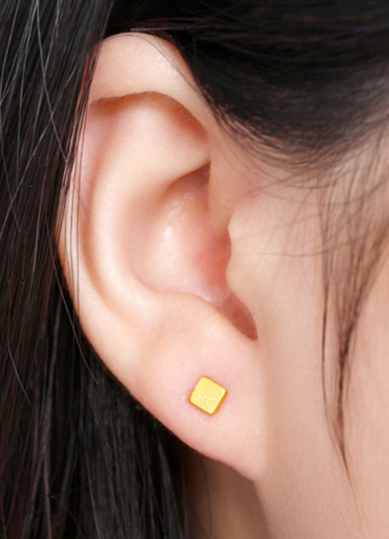 24k 99.9% 999 Solid Gold Mini Stud cube square Earring Dainty Charm Minimal Style Simple line threader D image 4