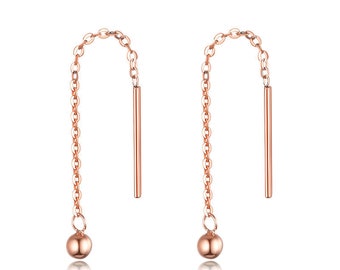 18k Solid Rose Gold Yellow Gold Chain Ball Dangle bead Drop Threader thin Earring Charm Minimal Style Simple bride gif D