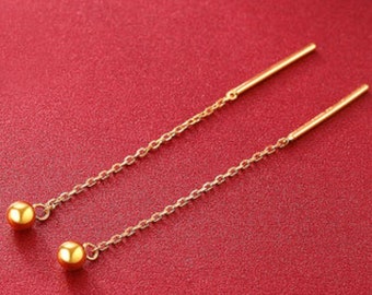 24k 99.9% 999 Solid Gold Chain Ball Dangle Drop Earring Dainty Charm Minimal Style Simple line threader D