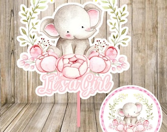 ELEPHANT Baby Shower CENTERPIECE & CUPCAKE Toppers, Baby pink Elephant Girl Baby Shower, Instant Download Digital Printable, Cake Topper