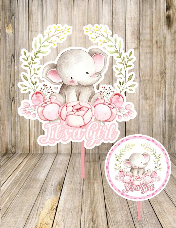 ELEPHANT Baby Shower CENTERPIECE CUPCAKE Toppers, Baby pink Elephant Girl Baby Shower, Instant Download Digital Printable, Cake Topper