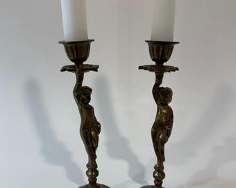 Vintage Brass Cherub Candlestick Holders – Sculptural Figural Pair