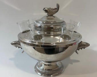 Vintage Silverplate Lidded Serving Bowl with Fish Handles