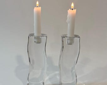 Vintage Heavy Glass Candlesticks – Sculptural Clear Glass Pair 7.5”