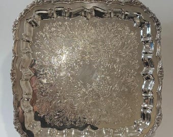 Vintage Silver Plate Square Footed Tray | Victorian Revival Floral Engraved Serving Tray 15”