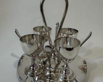 Antique Edwardian Silver-plated Egg Cruet Set for 4 with Spoons & Stand Barker Brothers