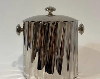 Silver Plated Ice Bucket with Lid | Ribbed Mid Century Barware