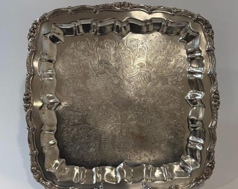 Vintage Silver Plate Square Footed Tray | Victorian Revival Floral Engraved Serving Tray 12”