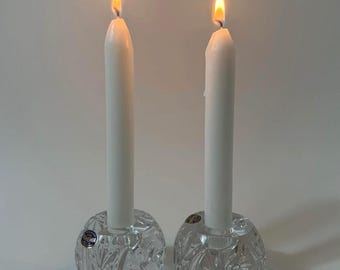 Vintage Bohemia Crystal Candlesticks Pair, Cut Czech Glass Taper Holders