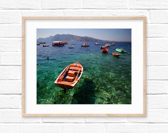 Greek Boats on Mediterranean Sea Santorini Photography Digital Print