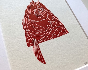 RED FISH | Original Linocut Print | Abstract Minimalist | Contemporary Art | Handprinted | Marine art