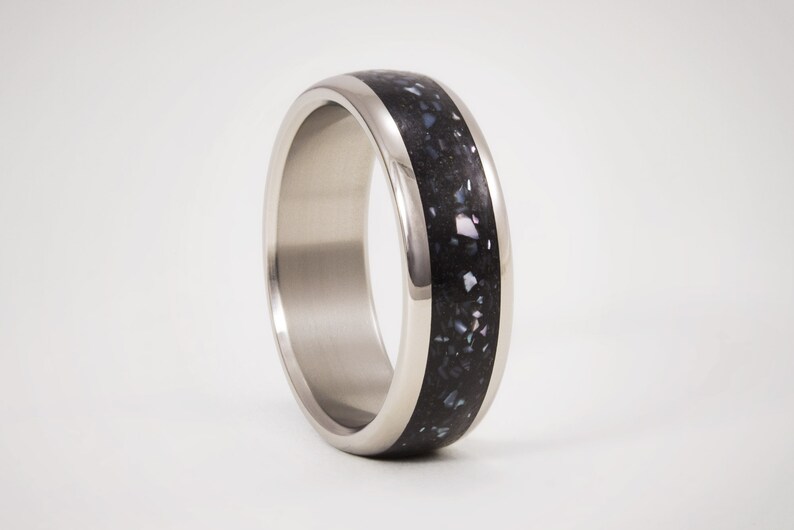 Titanium & Black Concrete Wedding Rings Blended with Nacre. ULTRALIGHT. Resistant, durable. For Men or Women. Wedding band. Wide or Thin. image 9