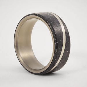 Mens Concrete Wedding Ring, ULTRALIGHT, Inner Titanium, Black Concrete with Graphite, Endless Line Love, Unique Mens Engagement Band image 1