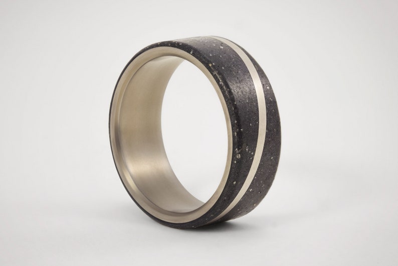 Mens Concrete Wedding Ring, ULTRALIGHT, Inner Titanium, Black Concrete with Graphite, Endless Line Love, Unique Mens Engagement Band image 1