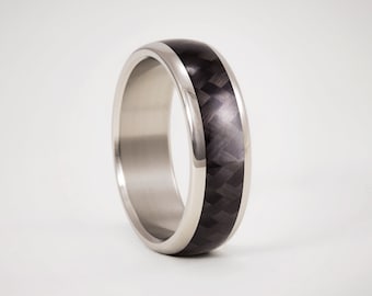Twill Carbon Fiber Wedding Ring Inner Titanium, ULTRALIGHT Polished Titanium Edges, Mens Engagement Band, Black Rounded Wedding Band