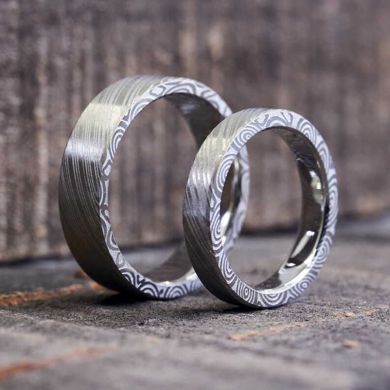 Darkened Damascus Steel Wedding Bands / Unique Wild Patterned Wedding Rings / Millenary Technique / Handcrafted Fine Jewelry image 2
