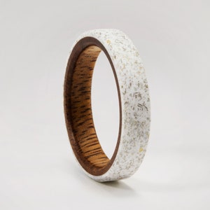 Valentine&#39;s Day White Marble Ring with Inner Wood, Bronze Sparkles, Womens Wood Wedding Ring, Solid Hardwood Engagement Ring, Womens band
