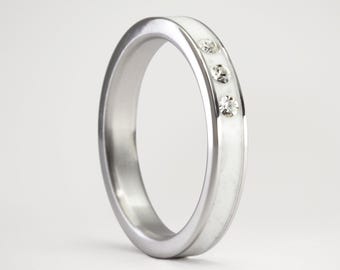 Handmade Carrara Marble Titanium Ring with 3 white Swarovski Gems