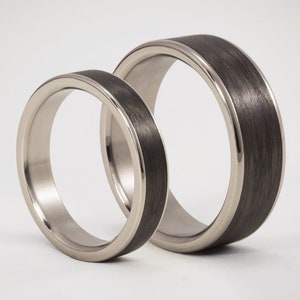 Flat Carbon Fiber Inlay Wedding Bands ULTRALIGHT / Black Wedding Ring with Inner TItanium / Polished Edges / For Men or Women / Wide or Thin