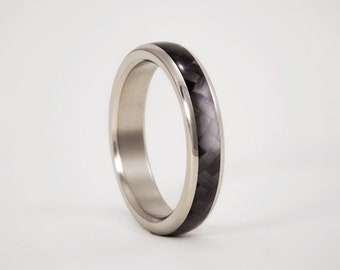 Twill Carbon Fiber Wedding Ring Inner Titanium, ULTRALIGHT Polished Titanium Edges, Women Engagement Band, Black Rounded Wedding Band