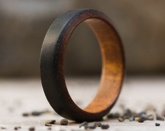 Ready to Ship - Black Concrete Wedding Ring with Inner Wood, Solid Hardwood, Cocrete Ring, Wooden Wedding Band, Black Concrete Mens ring