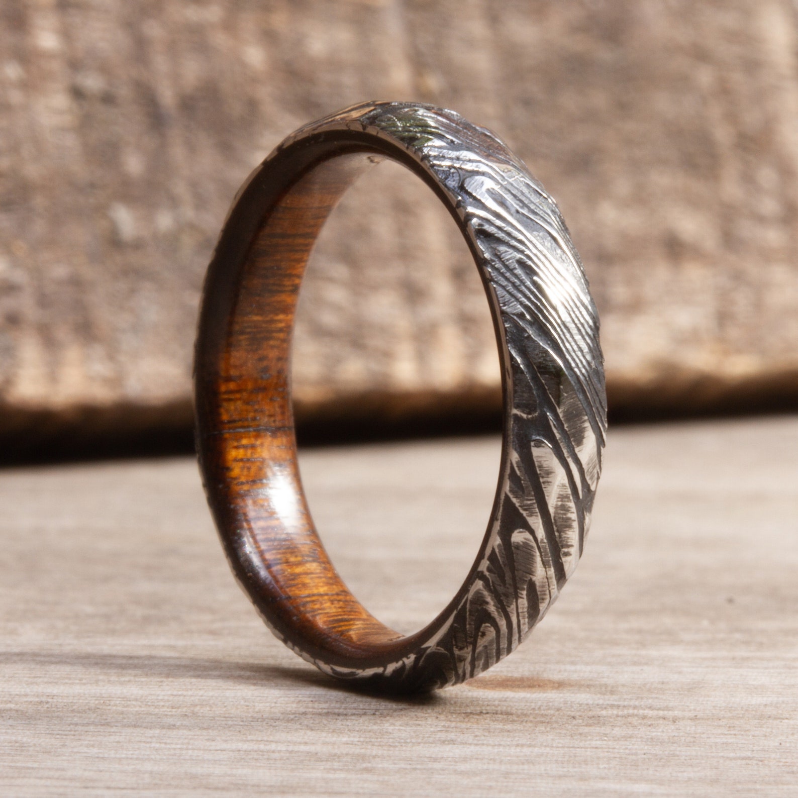 Damascus Steel Ring Band Wood Inner Handmade Damascus Women Etsy