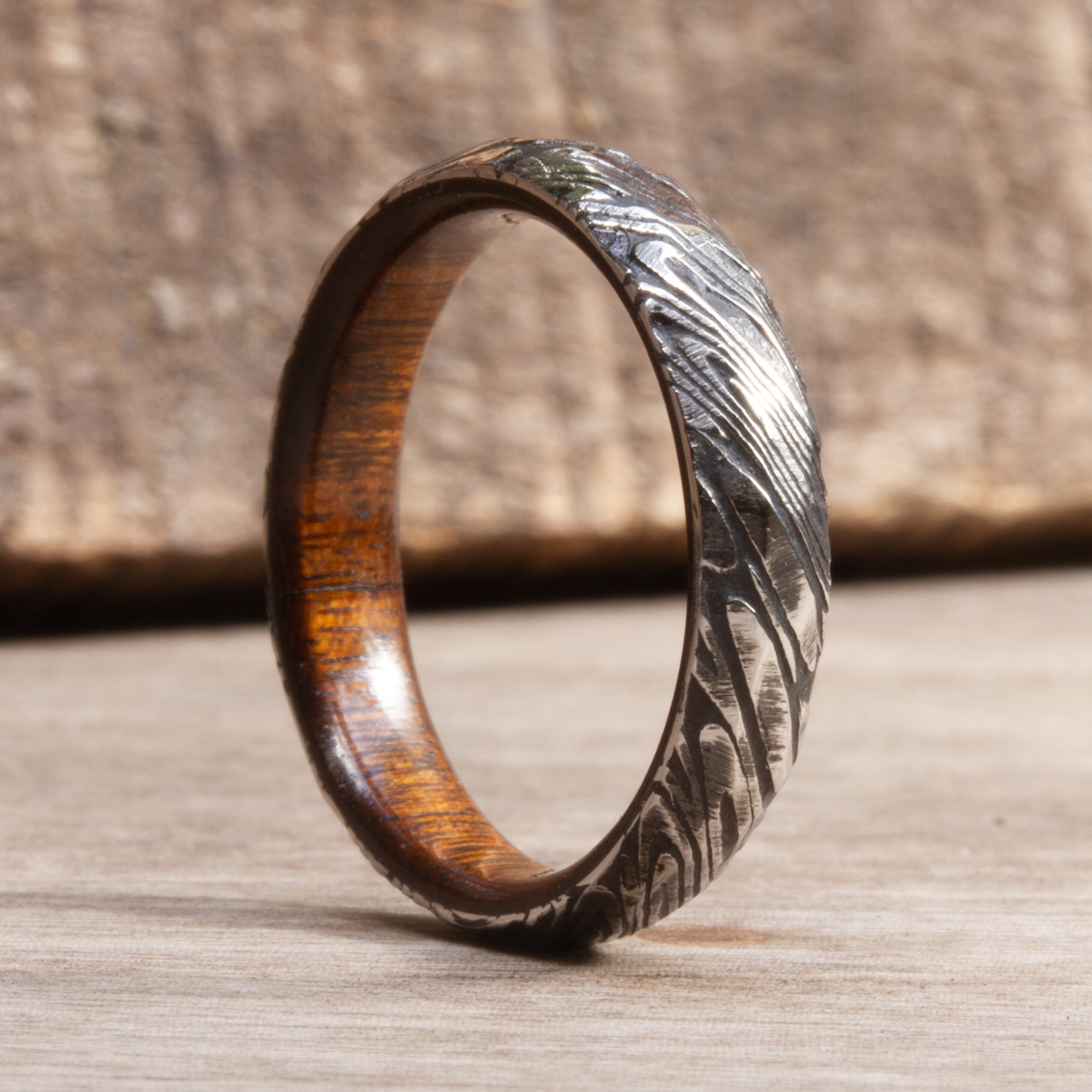 Damascus Steel Ring Band Wood inner Handmade Damascus Women Etsy