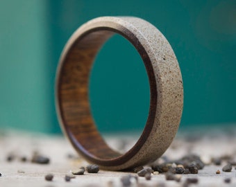 Concrete Wedding Ring ULTRALIGHT with Inner Dark Wood, Solid Hardwood Edges, Urban Style, Wedding Band, Handmade Jewelry, Mens ring