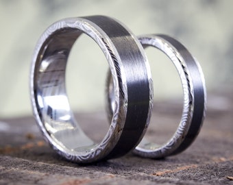 Damascus Steel Wedding Bands with Carbon Fiber, Damascus Steel Engagement Rings Set, Damasteel rings, Handmade Wedding Bands