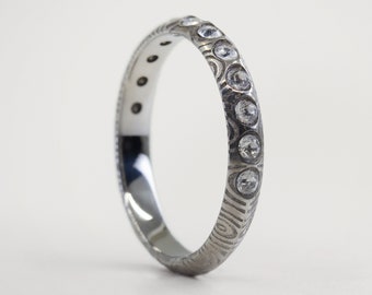 Valentine's Day Half Eternity Band, Women Damascus Steel Half Eternity Ring, Round Crystal, Damascus Bridal Ring, Engagement Ring