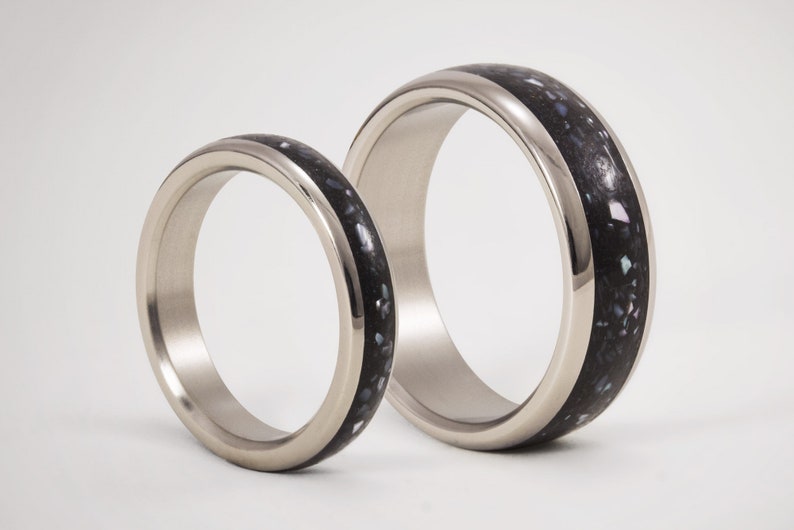 Titanium & Black Concrete Wedding Rings Blended with Nacre. ULTRALIGHT. Resistant, durable. For Men or Women. Wedding band. Wide or Thin. image 1