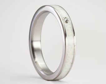 Carrara Marble Titanium Wedding Band, white crystal, Handmade Ring