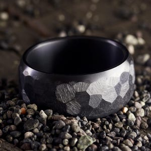 Hammered Black Zirconium Ring | Men&#39;s Faceted Wedding Band | 10MM Handmade Zirconium Ring | Durable & Unique Black Metal Band
