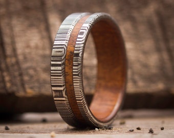 Mens Damascus Steel Wedding Ring with Inner Incense Wood, Solid Hardwood, Darkened Damascus Steel, Unique Engagement Band, Handmade Jewelry