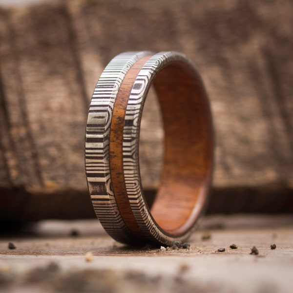 Mens Damascus Steel Wedding Ring with Inner Incense Wood, Solid Hardwood, Darkened Damascus Steel, Unique Engagement Band, Handmade Jewelry