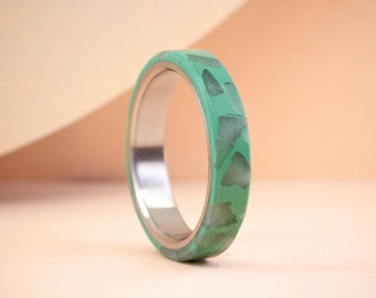 Terrazzo Jewelry, Green & Terra Quarzo Resine Ring Inner Titanium, Gifts For Her, Modern Jewelry, Colorful  Speckled Ring, Handmade