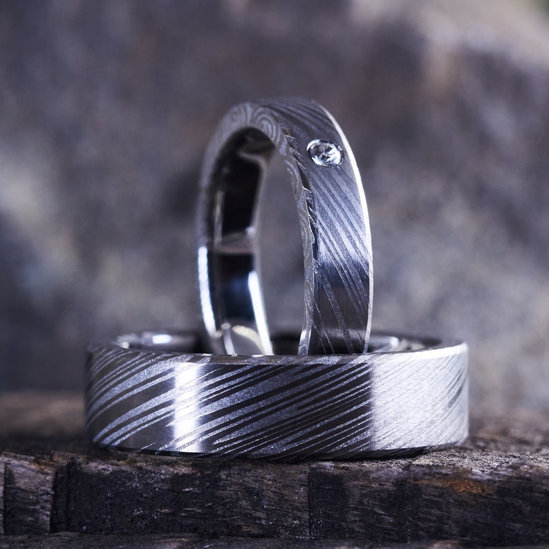 Darkened Damascus Steel Wedding Bands / Unique Wild Patterned Wedding Rings / Millenary Technique / Handcrafted Fine Jewelry image 1