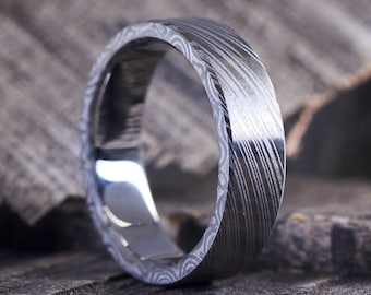 Darkened Damascus Steel Mens Wedding Band, Handmade Ring