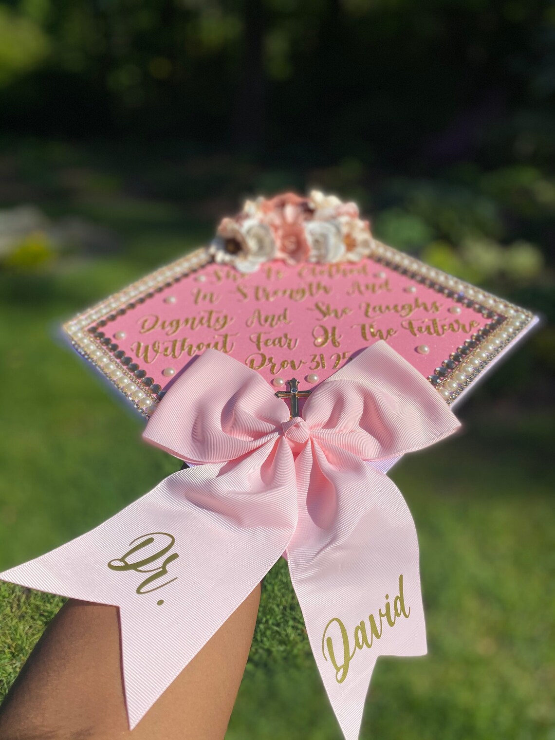 Personalized Graduation Cap Topper Grad Cap With FLOWERS AND BOW Any