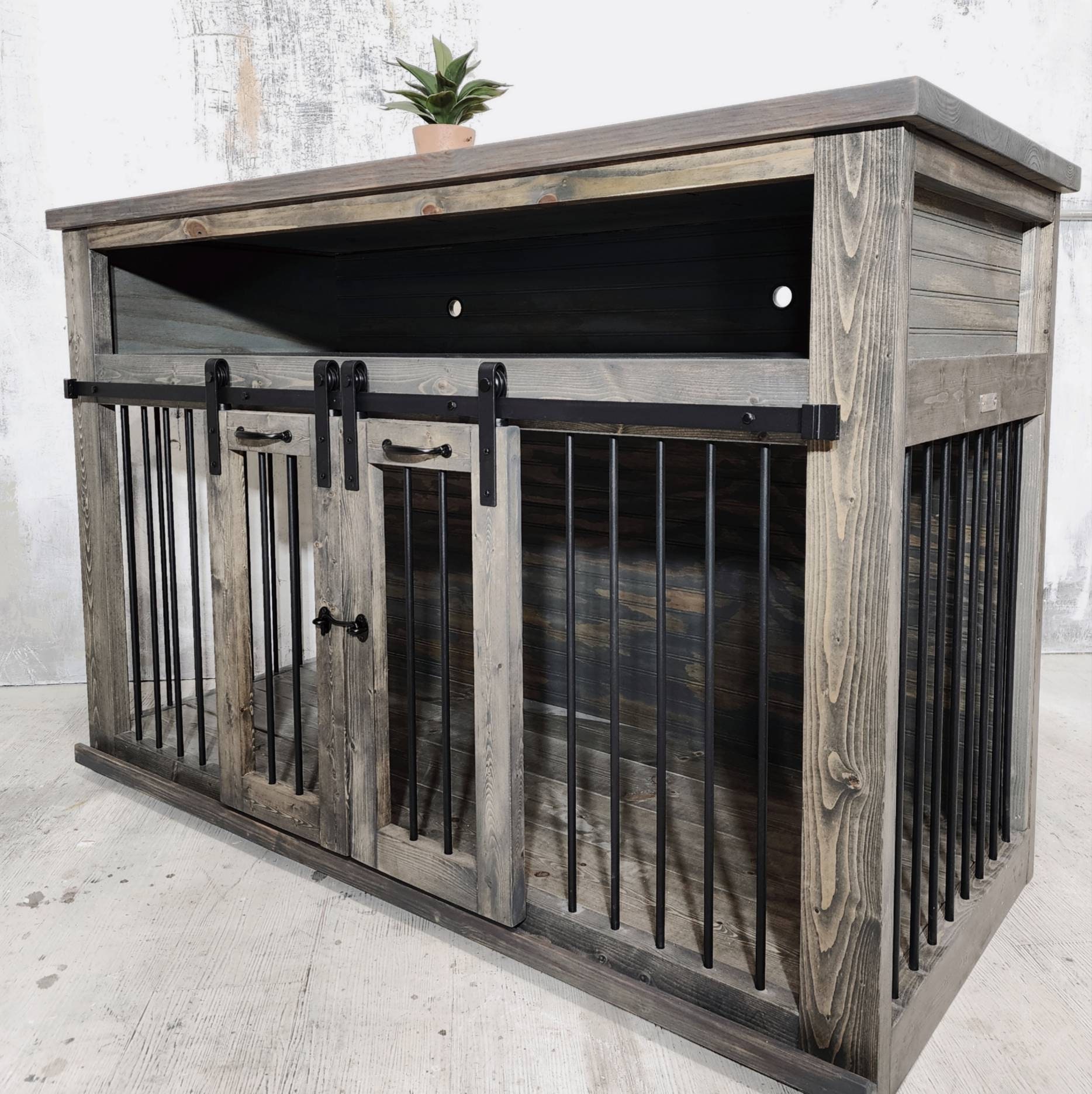 Entertainment Center Dog Kennel TV Stand Double Barn Door Dog Crates Media  Console 