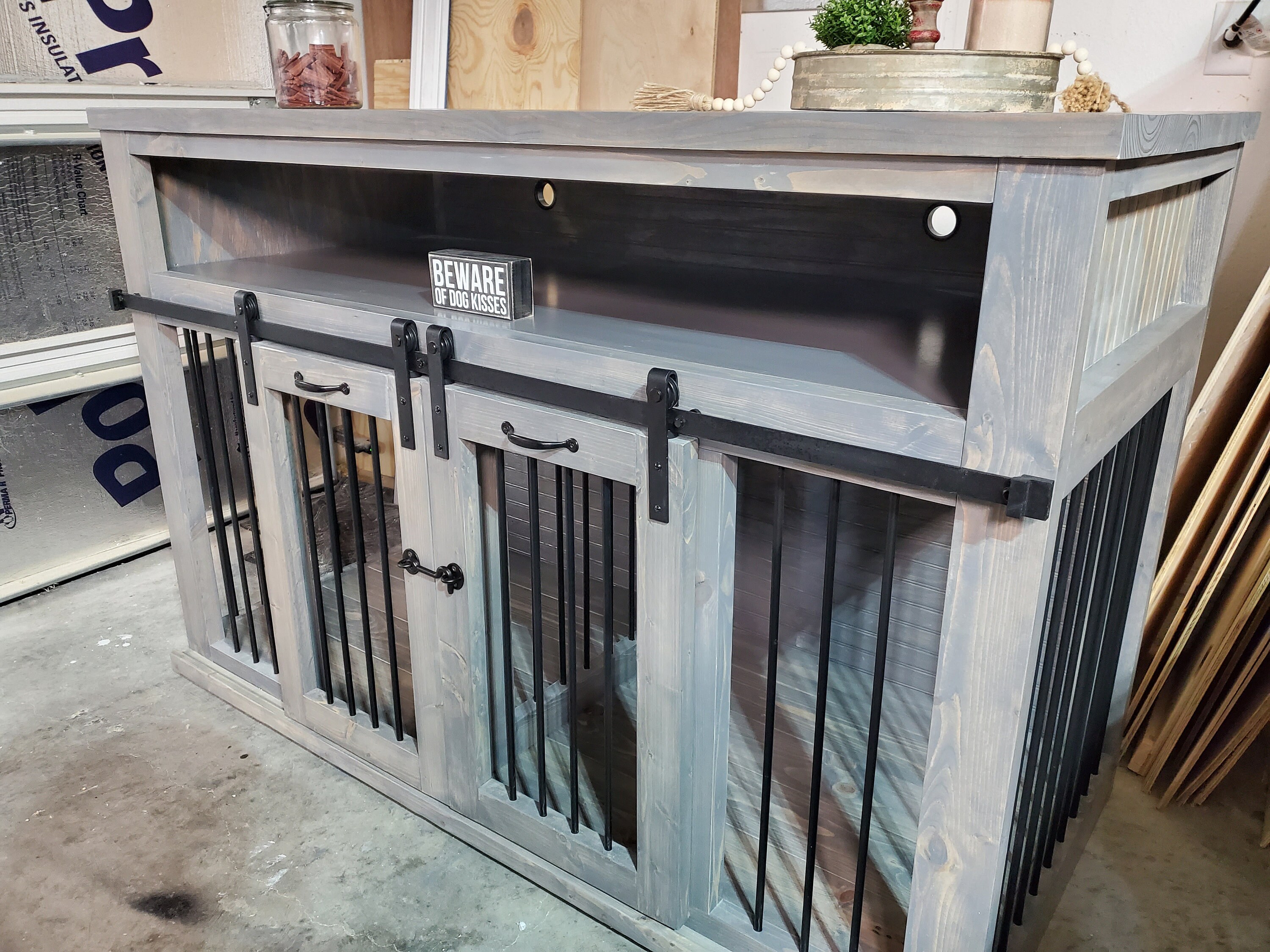 BEST Easy Lock Kennel Custom dog crate Barn door Entertainment center