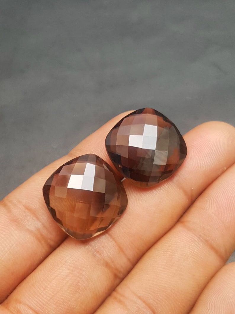 20x20 MM Size Smokey Quartz Briolettes Loose Gemstone Natural Smokey Quartz Cushion Shape Faceted Briolettes AAA Quality C3008 1 Pair