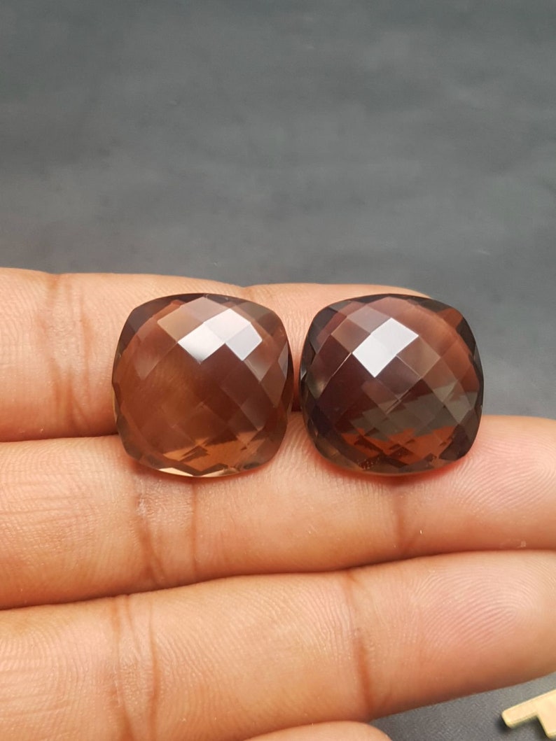 20x20 MM Size Smokey Quartz Briolettes Loose Gemstone Natural Smokey Quartz Cushion Shape Faceted Briolettes AAA Quality C3008 1 Pair